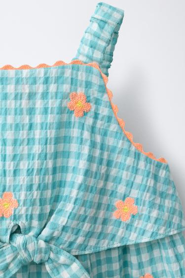 COMBI-SHORT À CARREAUX VICHY ET FLEURS BRODÉES - Bleu / Vert de Zara - Image 2