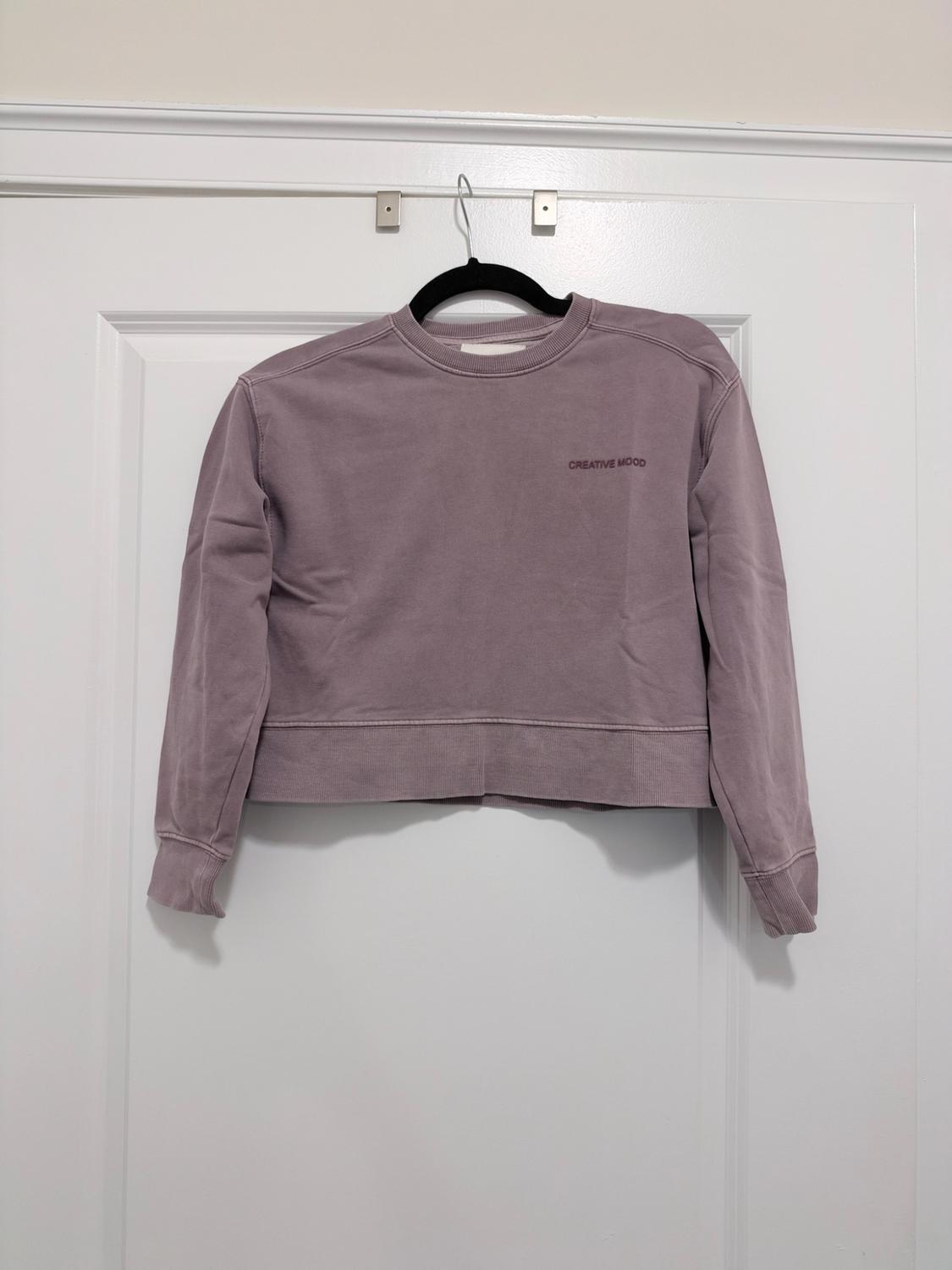 Mauve cropped sweatshirt hanging on a white door with a black hanger.
Includes the text "CREATIVE MOOD" on the chest.