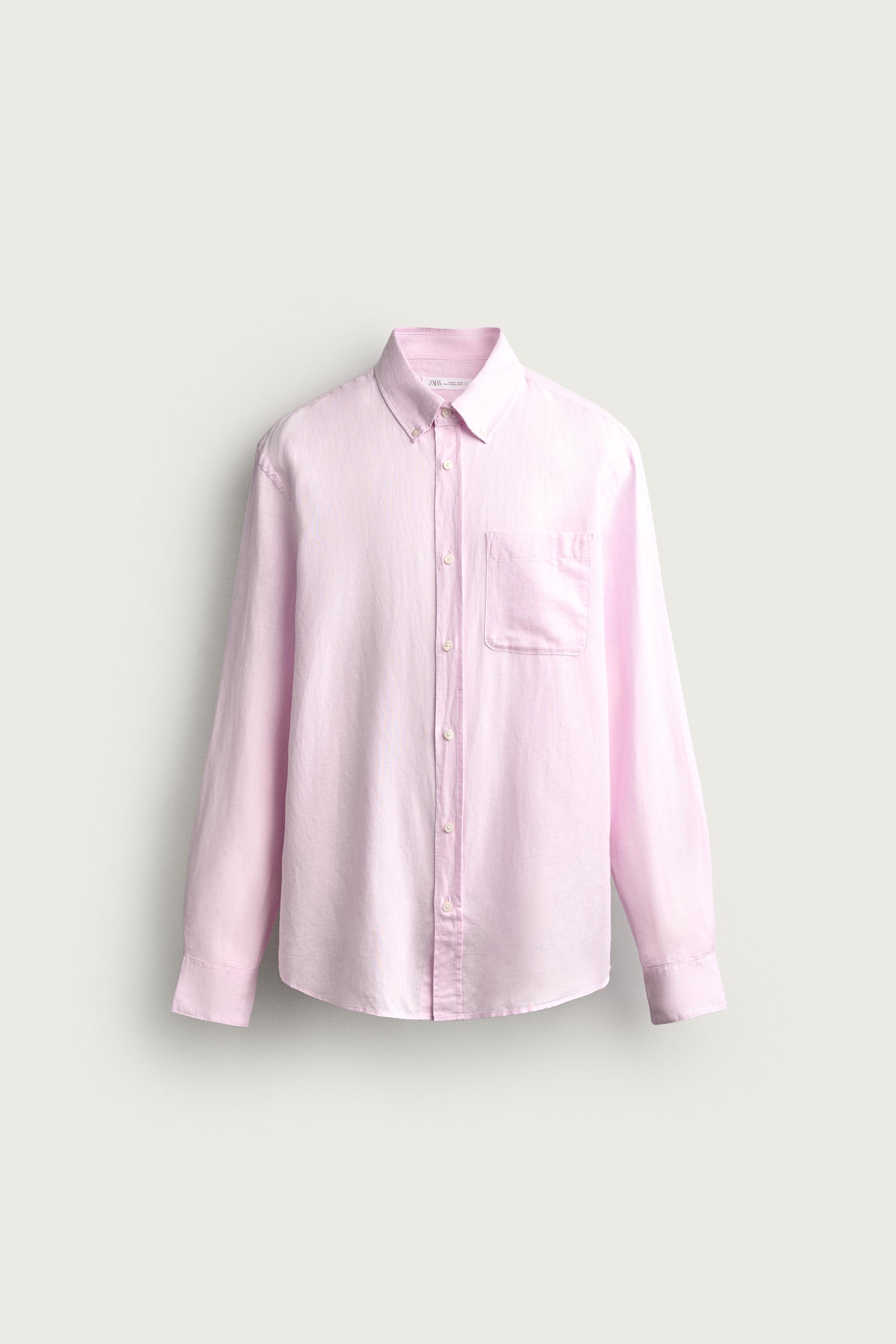 LINEN COTTON BLEND REGULAR FIT SHIRT — Pink