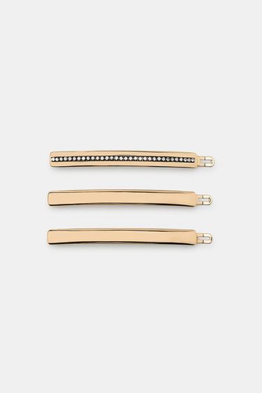 Zara PACK OF 3 PLAIN & RHINESTONE METAL CLIPS - Golden