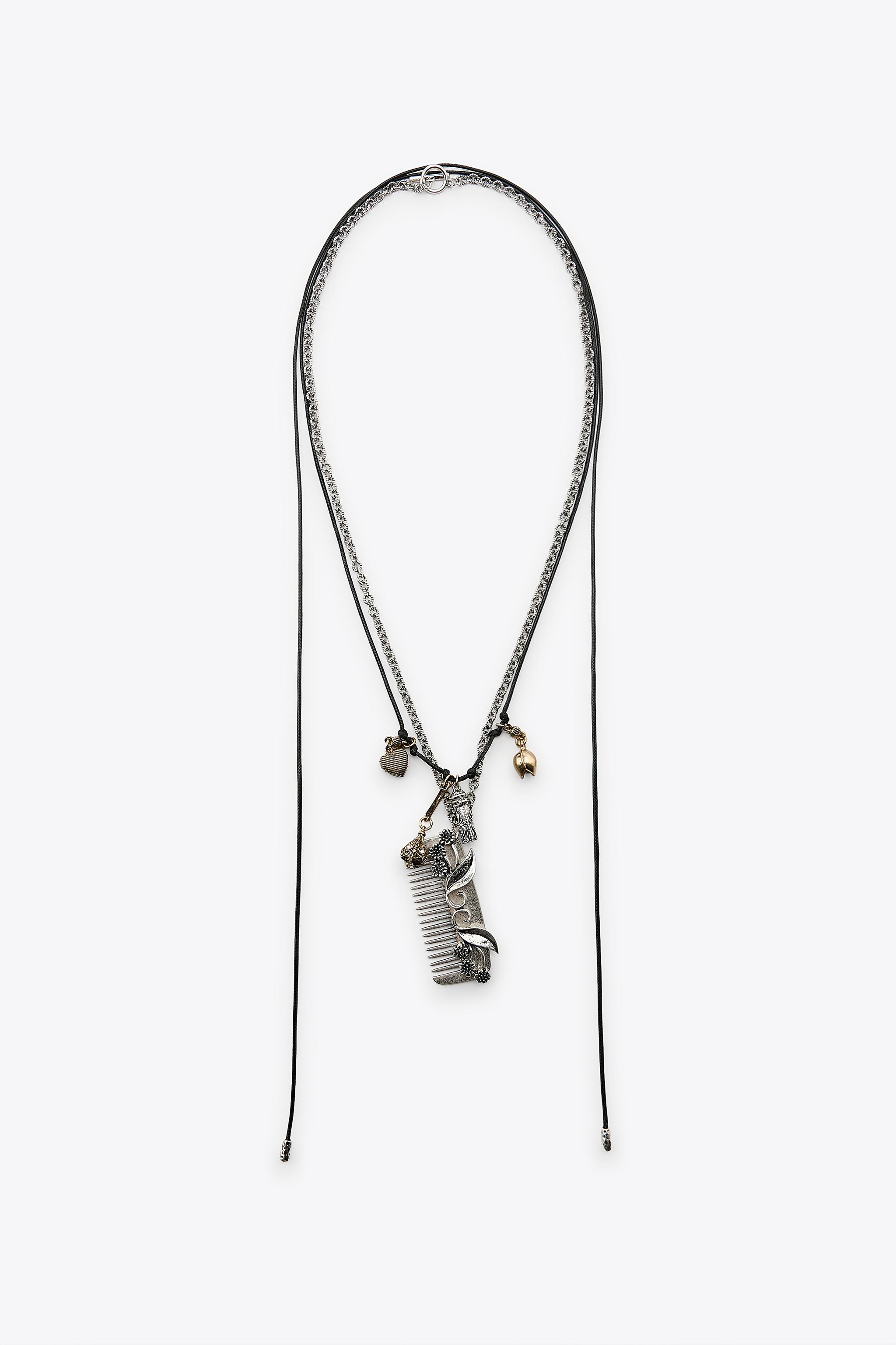 コーム＆チャーム付きネックレス 2本セット - シルバー | ZARA