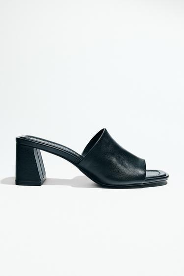 Zara 真皮粗跟穆勒鞋 - 黑色