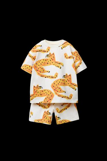 Zara TIGER T-SHIRT AND BERMUDA JOGGING SET - Ecru