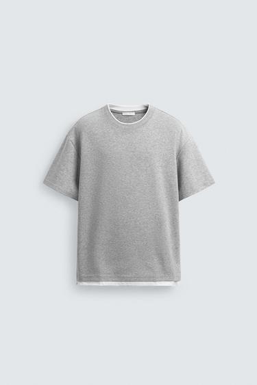 ФУТБОЛКА С ДВОЙНОЙ КОНТРАСТНОЙ ОТДЕЛКОЙ — СЕРЫЙ С МЕЛАНЖЕВЫМ ЭФФЕКТОМ от Zara