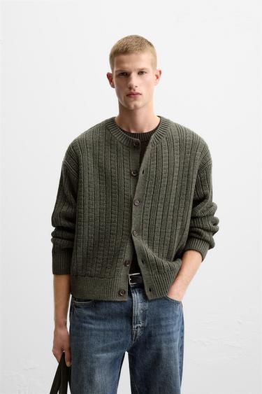 Zara TEXTURED WEAVE WOVEN CARDIGAN - Khaki