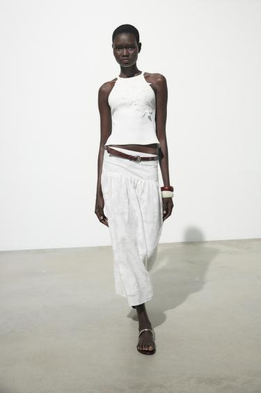 Zara RIBBED EMBROIDERED TOP - White
