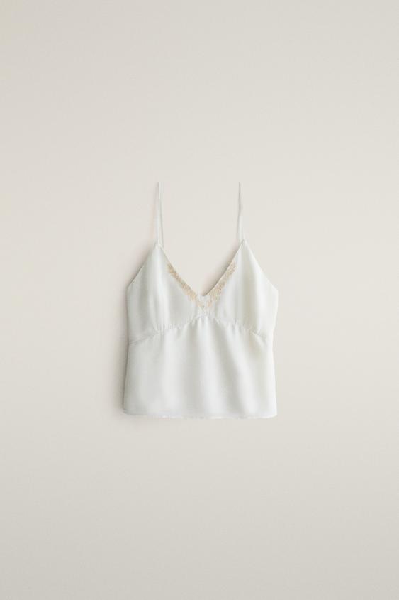 SUEDE EMBROIDERED STRAPPY TOP - Sea green by Zara - Image 0