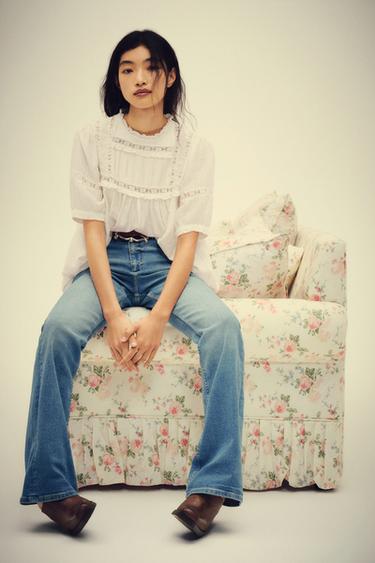 Zara 浪漫風泡泡短袖罩衫 - 白色