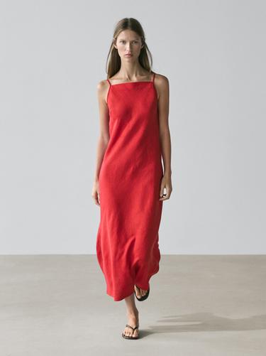 Vestido midi escote recto lino - 599 de Zara