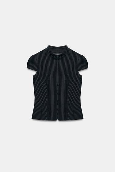 Zara STRIPED SHORT SLEEVE BUTTON TOP - Black