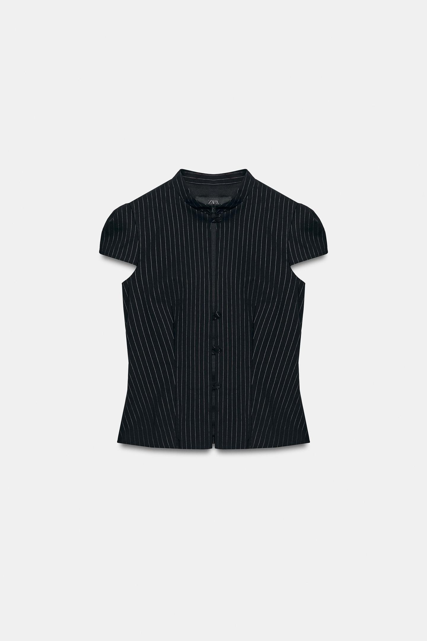 Женский топ Zara Striped Short Sleeve Button, цвет: Чёрный — фото 6