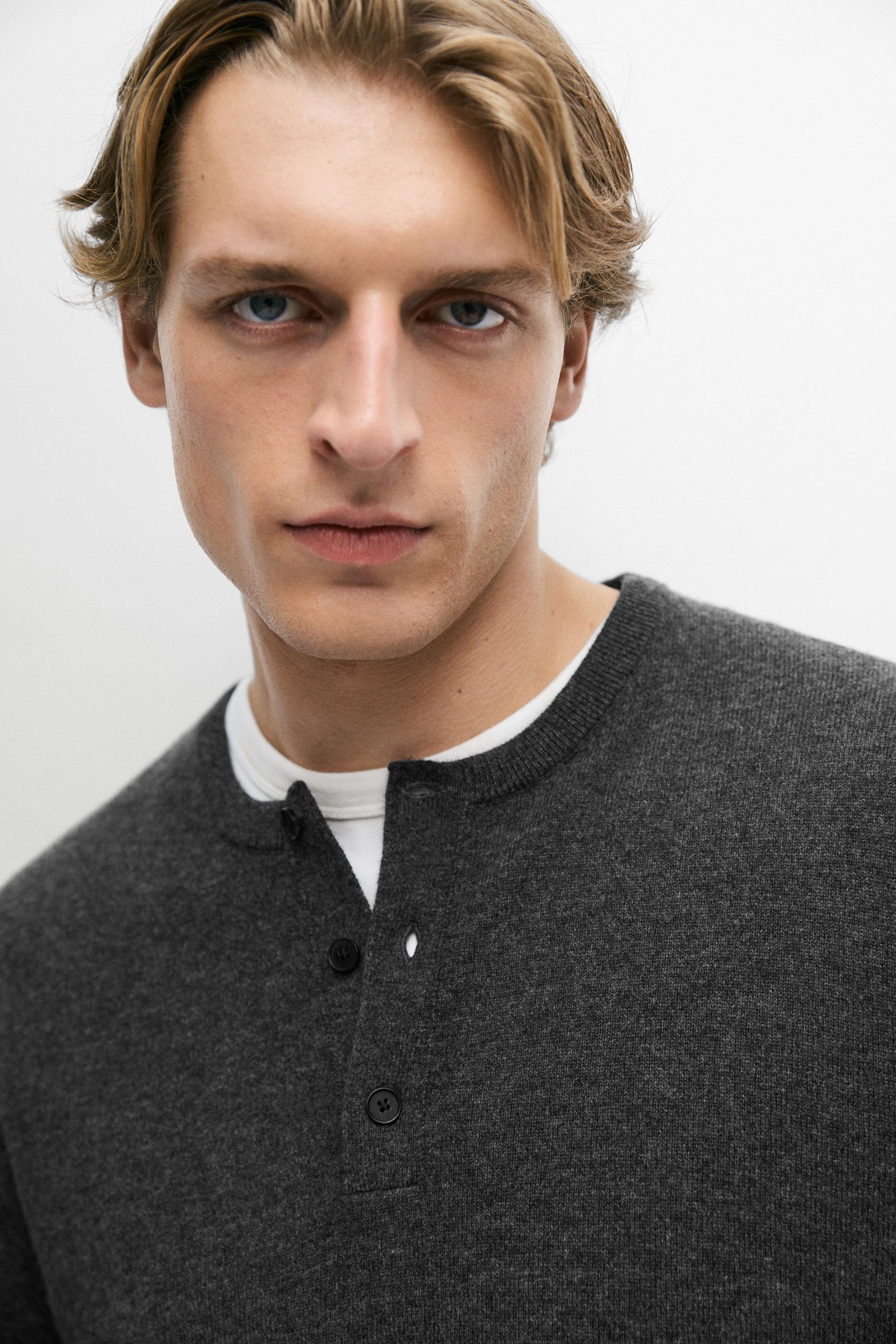 Wool-blend knit henley neck sweater