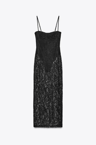 VESTITO MIDI IN PIZZO CON FERRETTO - Nero di Zara