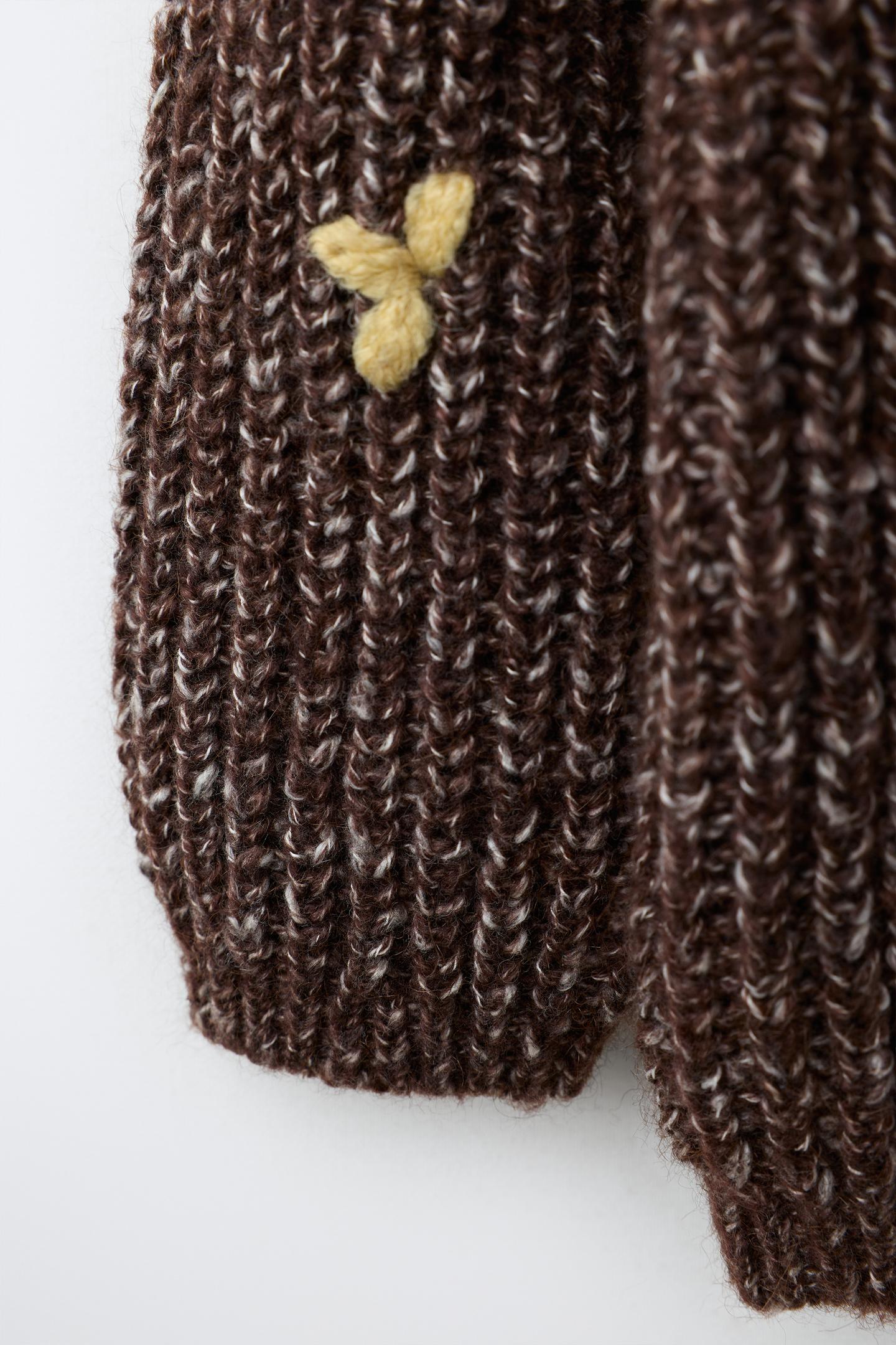 Детский свитер Zara Purl Knit Sweater with Embroidered Flowers, цвет: Коричневый — фото 3