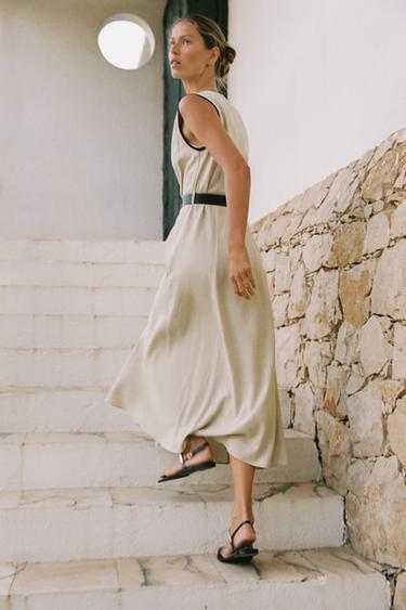 ROBE MIDI EN LIN AVEC CEINTURE - Beige clair de Zara - Image 4