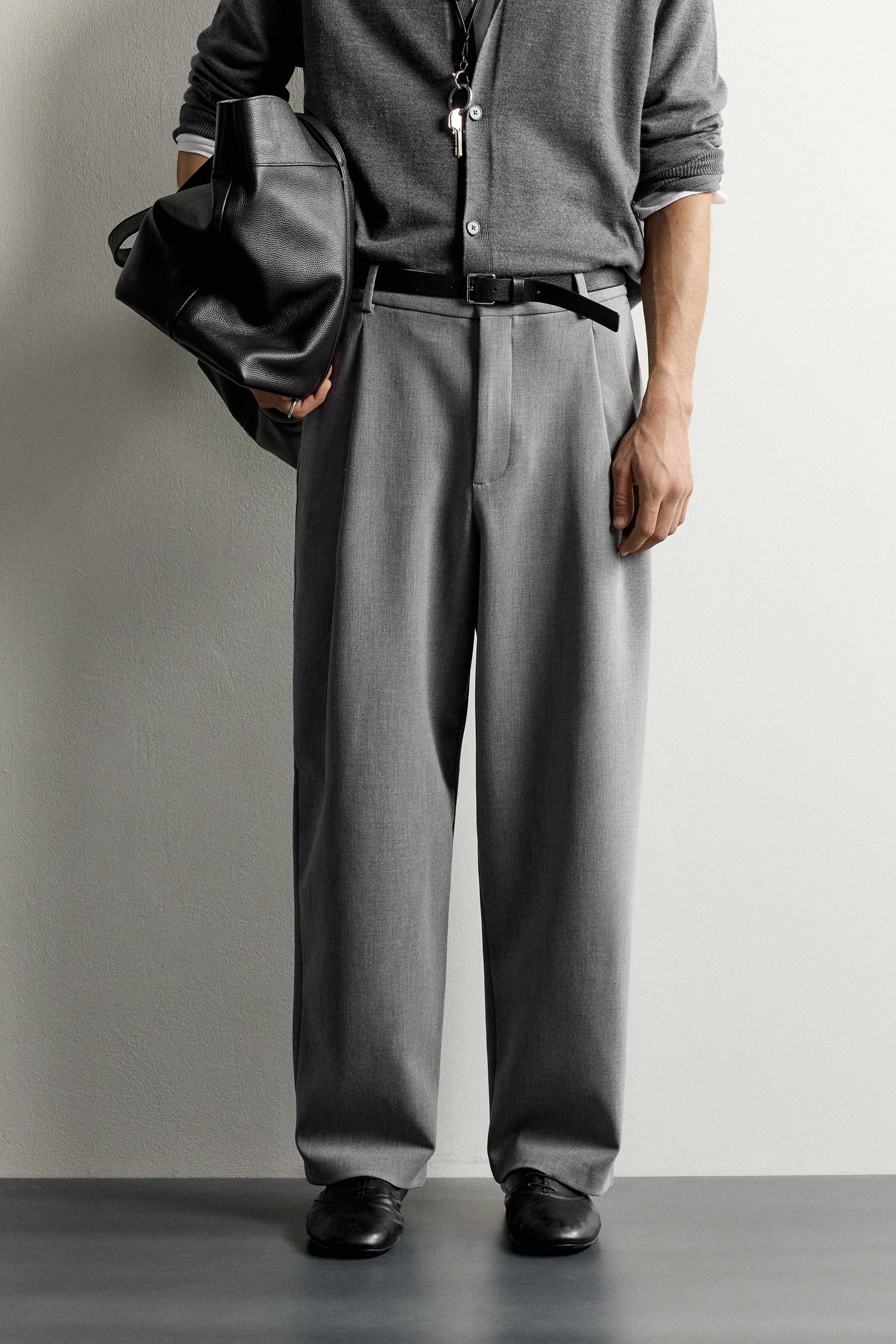RELAXED FIT PLEATED PANTS — Gray marl