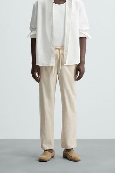 Zara RELAXED FIT COTTON - LINEN PANTS - Light beige