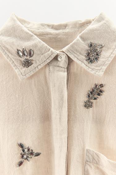 JEWELLED LINEN SHIRT - Oyster-white by Zara - Image 6