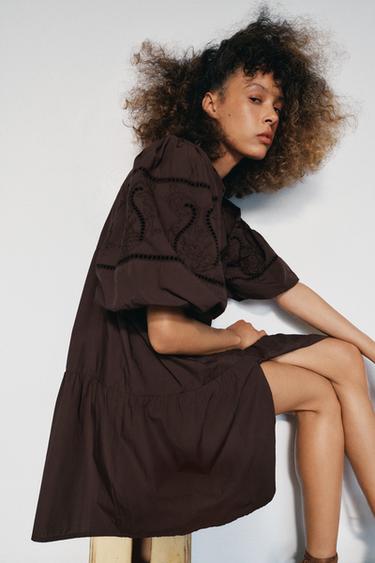 ROBE COURTE EN POPELINE BRODÉE - Marron de Zara - Image 4