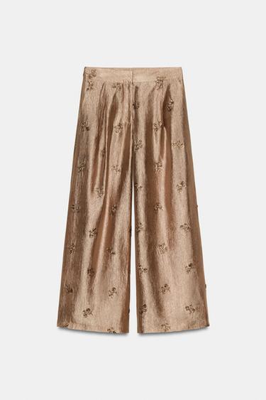PANTALON À PLIS FLEURS BRODÉES - Cuivre de Zara
