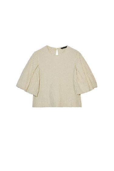 CHECK BALLOON SLEEVE TOP - Sand / Black by Zara