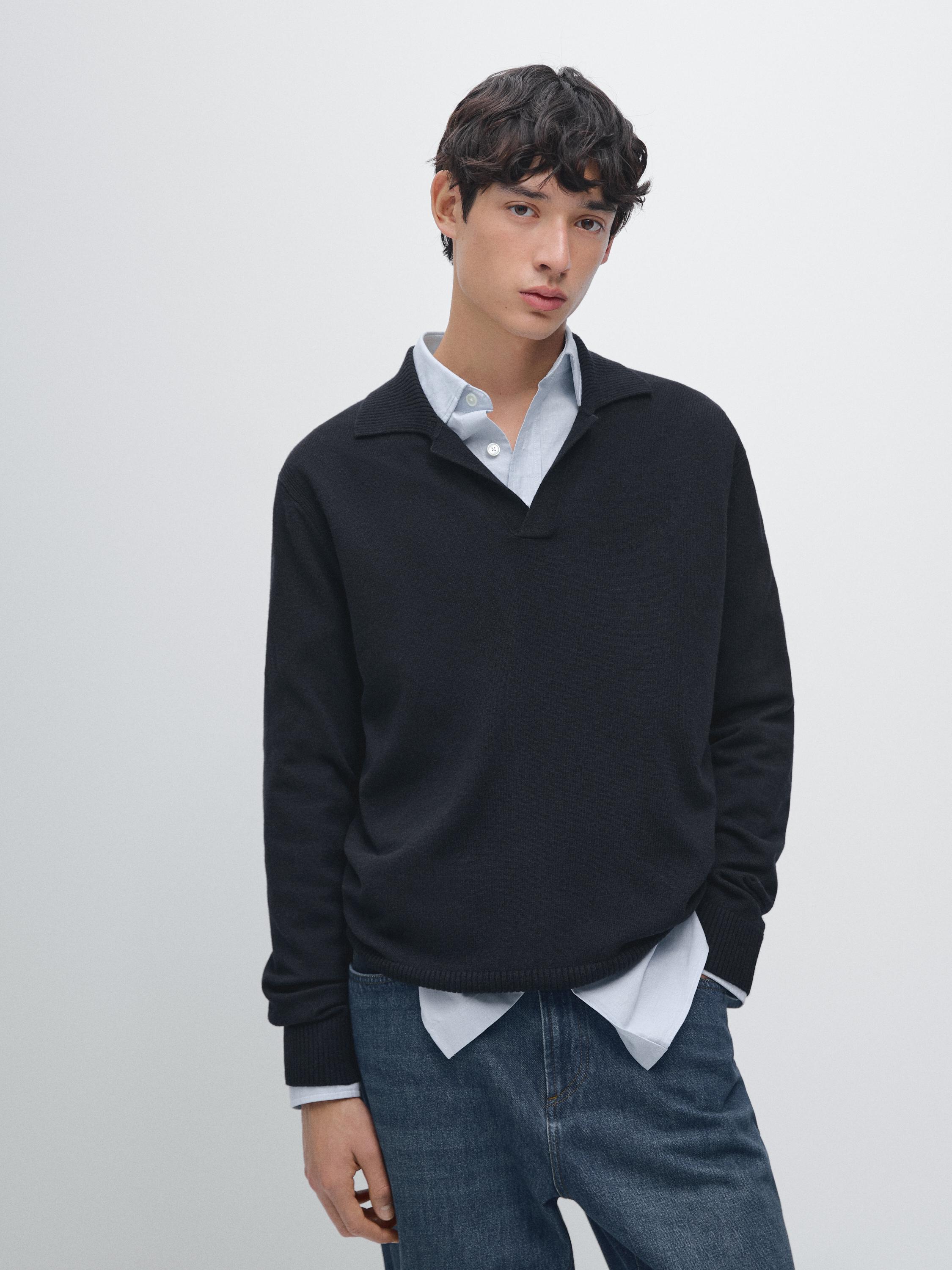 Wool V-neck knit polo sweater