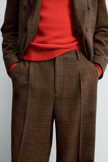 PANTALON À PLIS DE COSTUME À CARREAUX - Marron de Zara