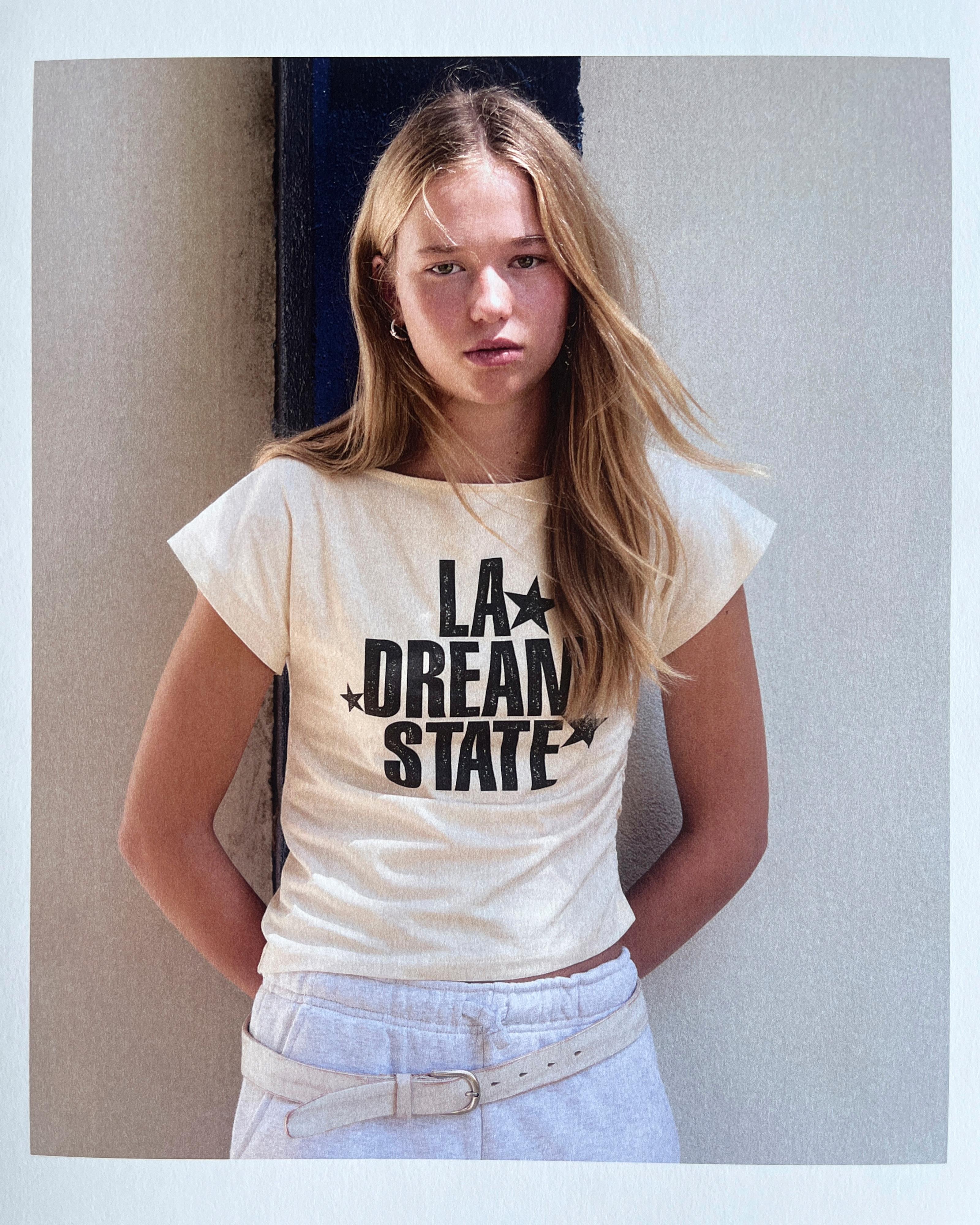 STRIPED RUCHED TEXT T-SHIRT — Ecru
