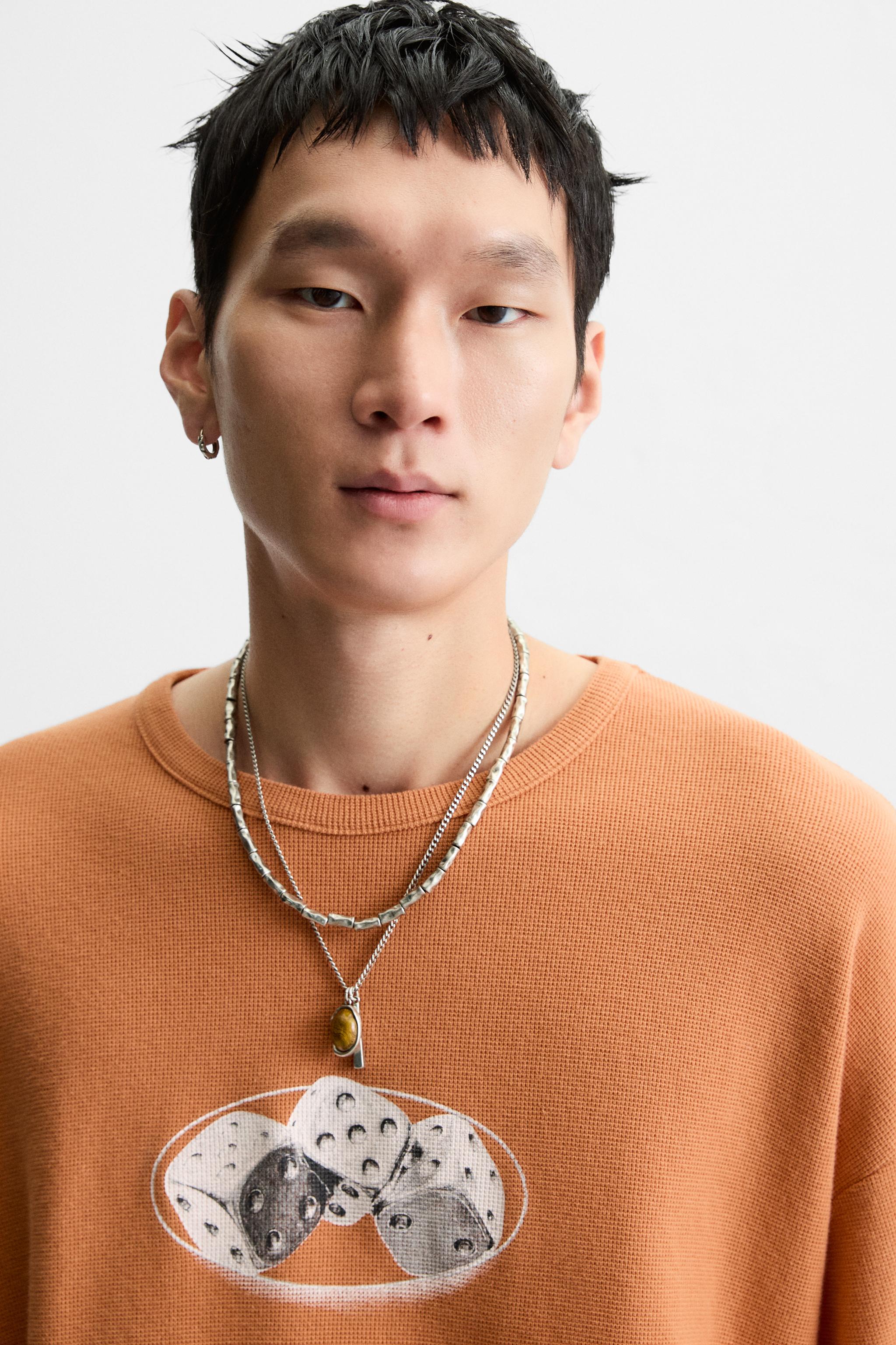 ウォッシュ加工プリントニットTシャツ - オレンジ色 | ZARA