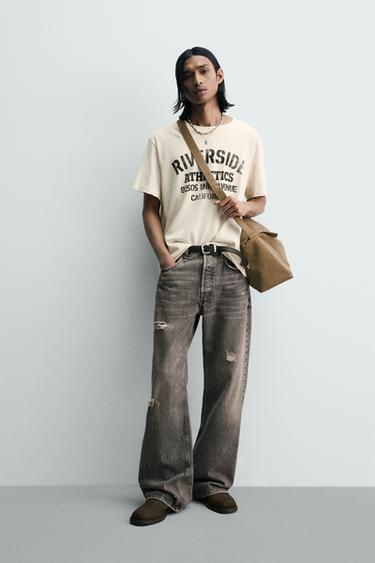 RELAXED FIT WASHED SLOGAN T-SHIRT - Oyster-white by Zara
