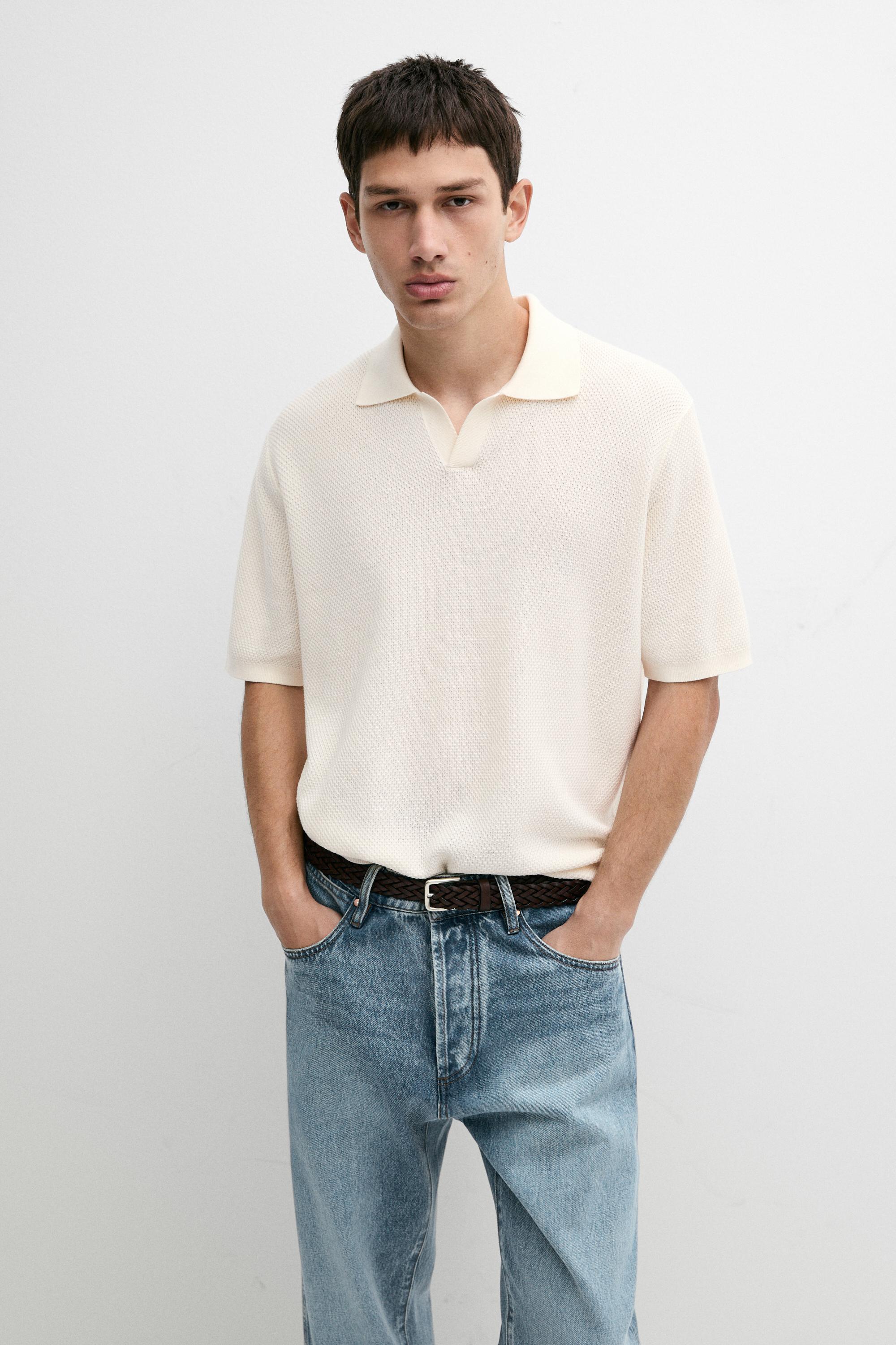 Cotton blend knit V-neck polo shirt — Ecru