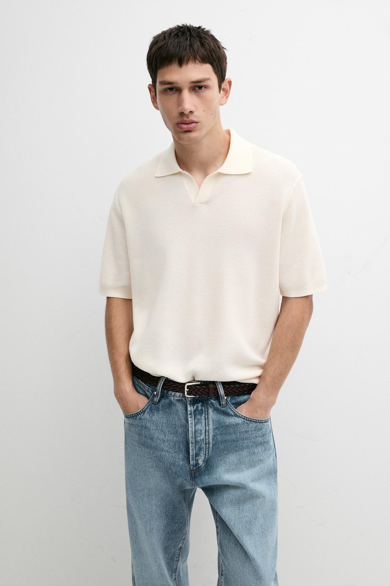 Cotton blend knit V-neck polo shirt — Ecru