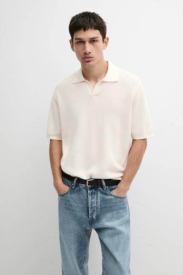 Cotton blend knit V-neck polo shirt — Ecru 2