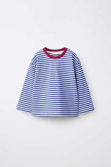 T-SHIRT RAYÉ À COL EN CONTRASTE - Bleu / Blanc de Zara