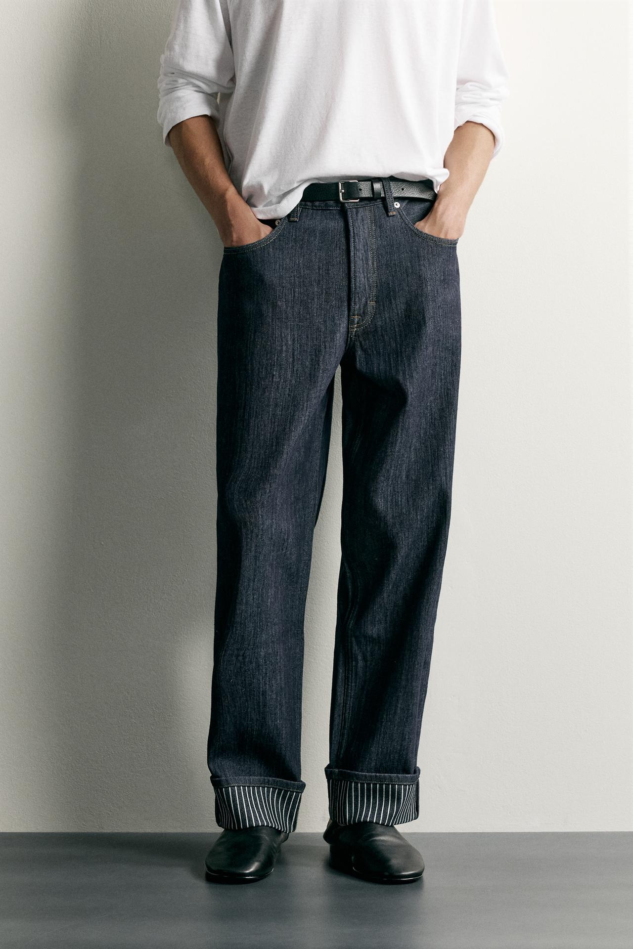 CONTRAST TURN-UP STRAIGHT FIT JEANS — Indigo
