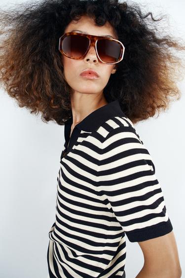 STRIPED SHORT SLEEVE KNIT POLO SHIRT - striped by Zara
