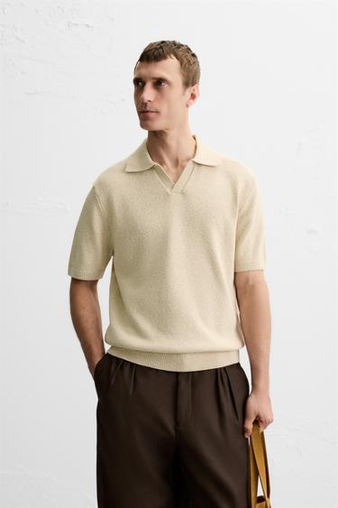 TEXTURED KNIT POLO SHIRT - camel by Zara