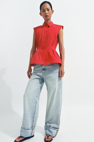 ZW COLLECTION PLEATED SLEEVELESS SHIRT - Intense red by Zara