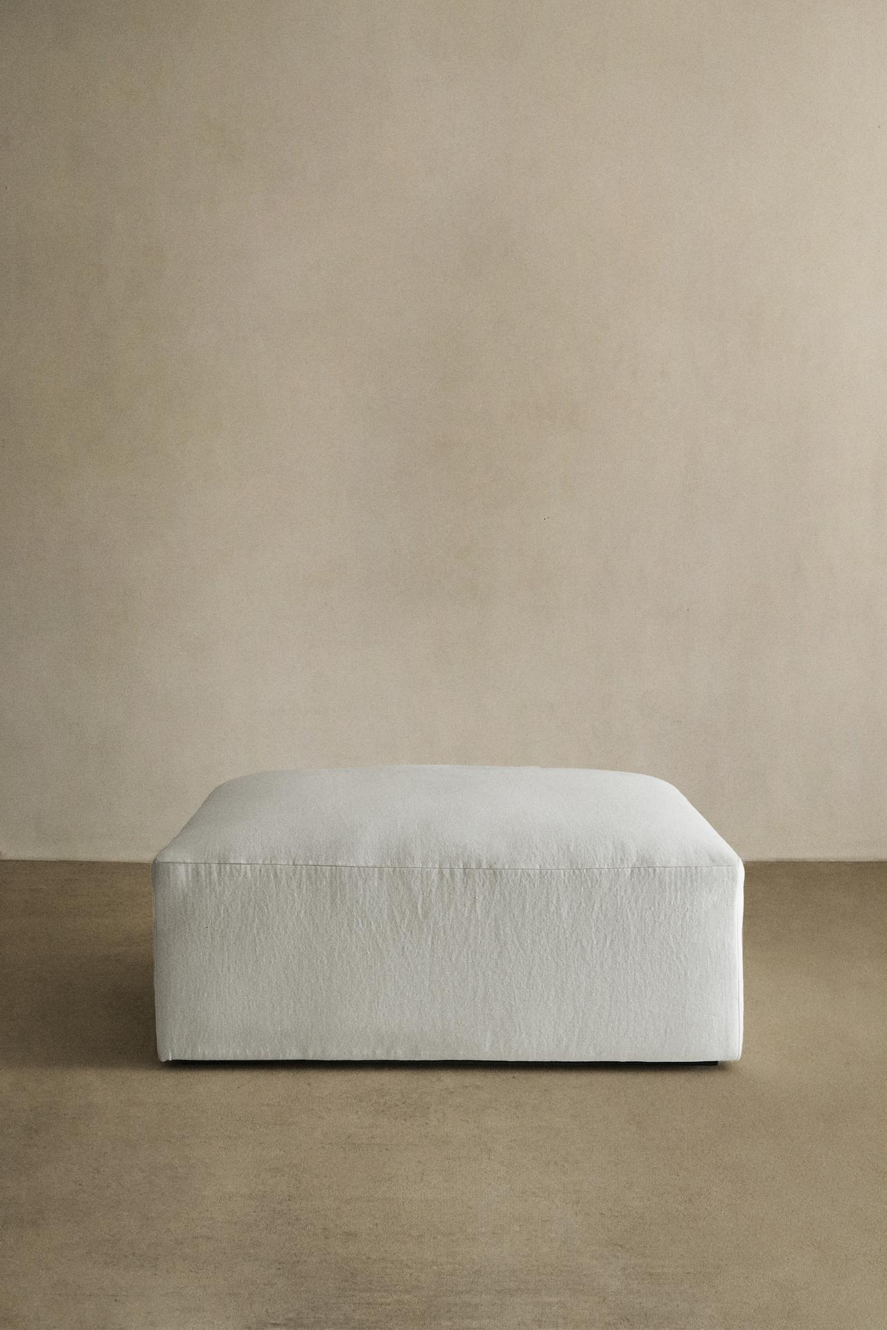 WASHED LINEN POUF — Oyster-white