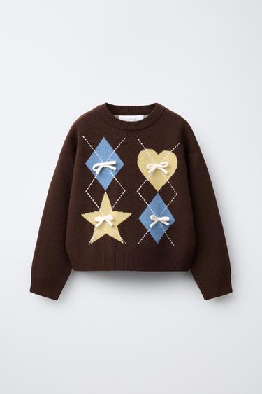ARGYLE KNIT SWEATER WITH BOWS - Brown by Zara - Image 0