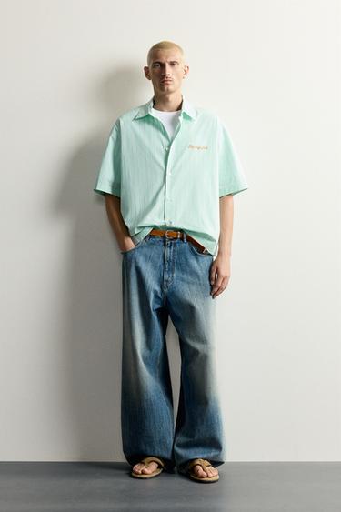Zara STRIPED EMBROIDERED BOXY SHIRT - Green