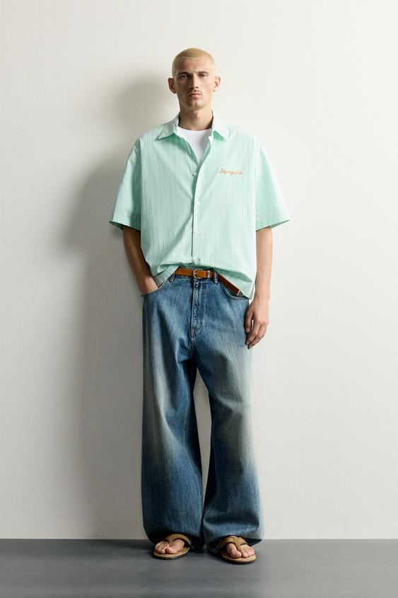 Zara STRIPED EMBROIDERED BOXY SHIRT - Green - Image 0