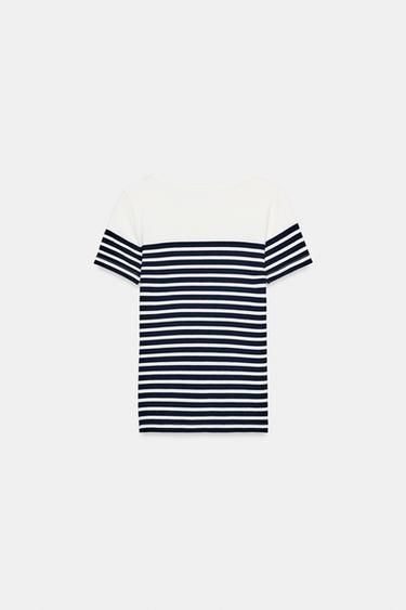 STRIPED SHORT SLEEVE T-SHIRT - Ecru / Blue by Zara - Image 6
