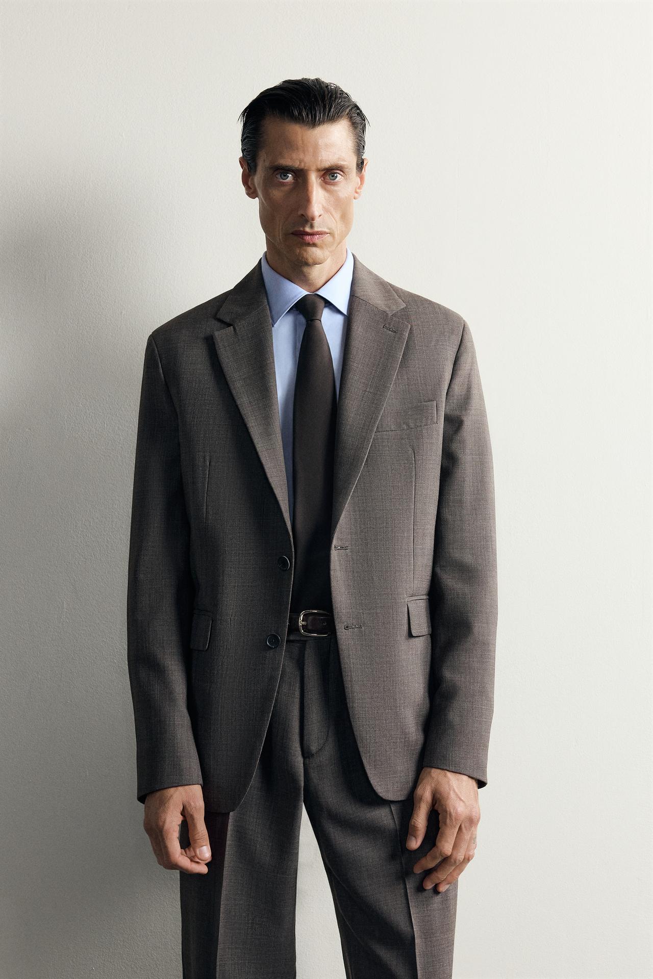 WOOL-BLEND PLAID SUIT BLAZER — Brown