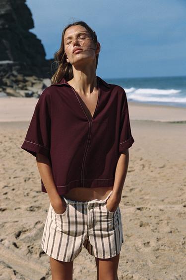 Zara LINEN TOP WITH CONTRAST PIPING - Burgundy