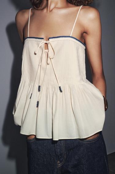 Zara TOP WITH CONTRAST PIPING ZW COLLECTION - Ecru