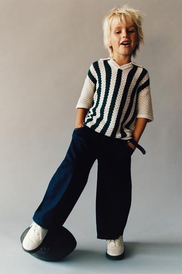 Zara STRIPED KNIT POLO SHIRT - Ecru / Blue