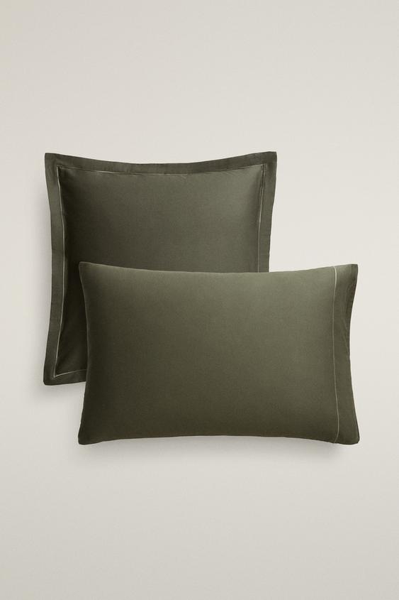 SATEEN PILLOWCASE WITH TRIM (300 THREAD COUNT) - Khaki by Zara - Image 0