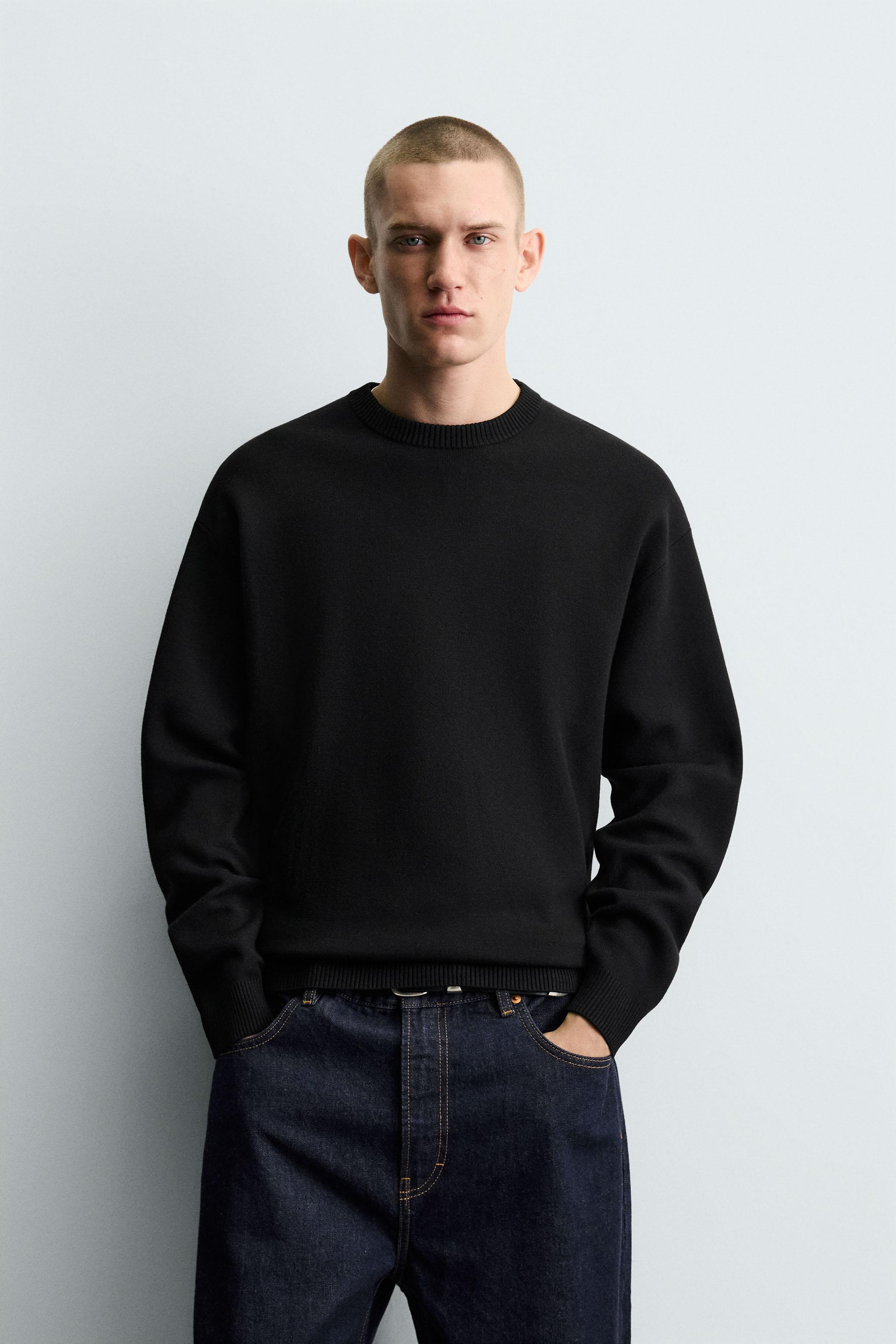SINAR Men's Fuzzy Pullover Sweater - Long Sleeve Soft Knit Winter Graphic Sweater, Black, Medium