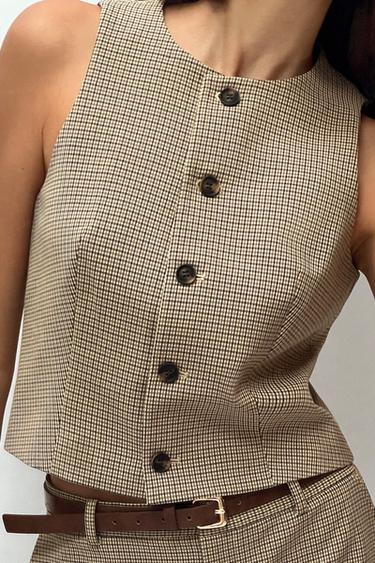 Zara PLAID VEST - Beige / Navy